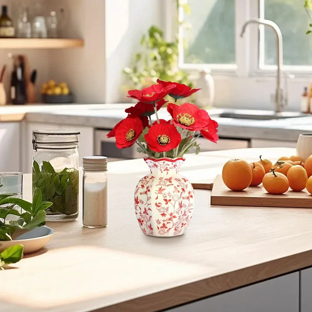 My Texas House Faux Poppies in Red & White Floral Vase